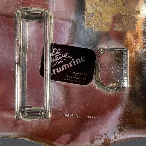 Crumrine Buckle and Leather Belt Vintage 80s Gold Gray Engraved Floral Western - Picture 7 of 9